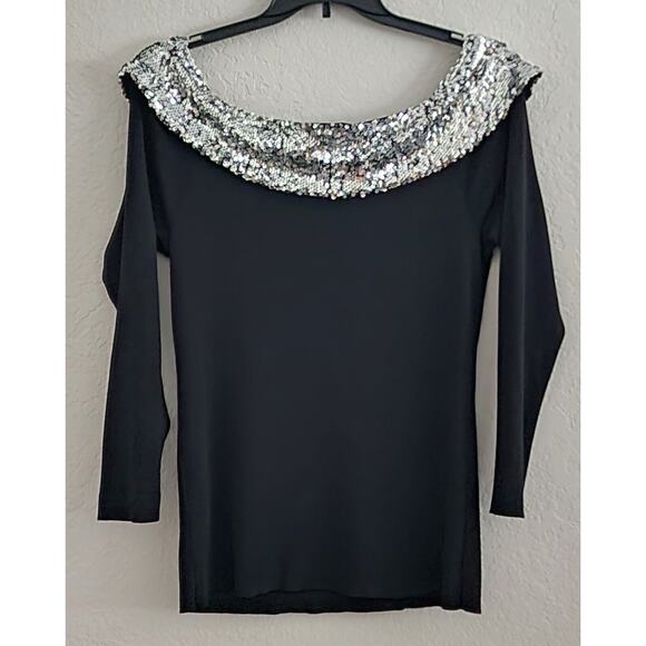 TOP/BLOUSE-INC-INTERNATIONAL CONCEPTS-Black-Silver Sequin Neckline-3/4 Sleeve-XL - Picture 2 of 14